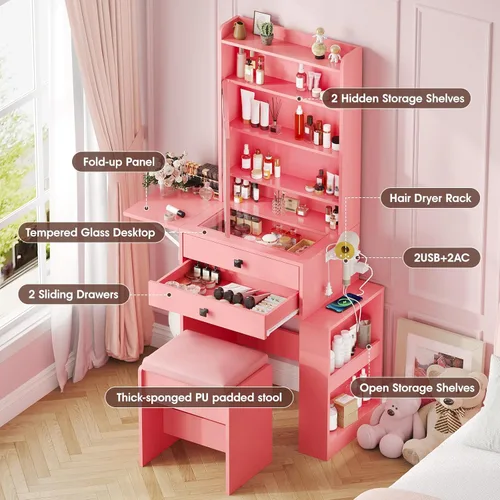 Miniatura 2 de Vabches Escritorio pequeño de maquillaje, 3 espejos iluminados ajustables, juego de tocador blanco, panel plegable, estación de carga, parte