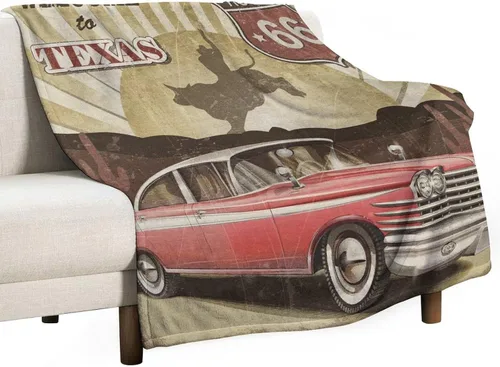 Miniatura 33 de Manta de motocicleta antigua, rústica y clásica, con temática de auto clásico, ruta de EE. UU., 66, patrón impreso, manta de franela súper suave