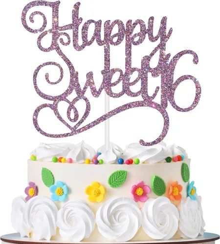 Happy Sweet 16 - Decoración para tartas de cumpleaños de 16 años, decoraciones de feliz cumpleaños de 16 años para niñas y niños, purpurina morada