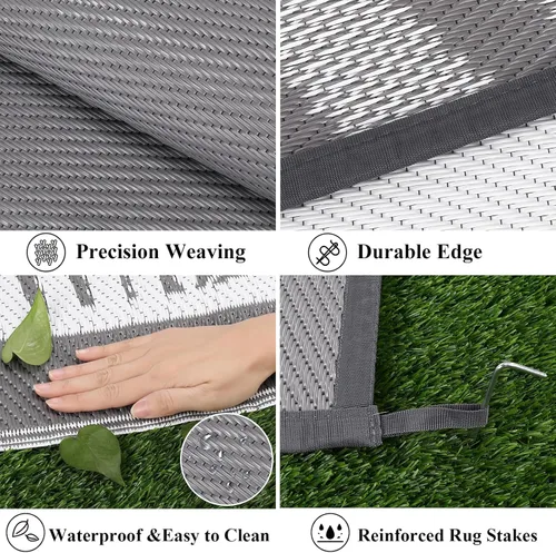 Miniatura 4 de Bsmathom Alfombra impermeable para exterior de 6'x9' reversible de pajita de plástico estilo boho para patio, terraza, camping, alfombras, portátil