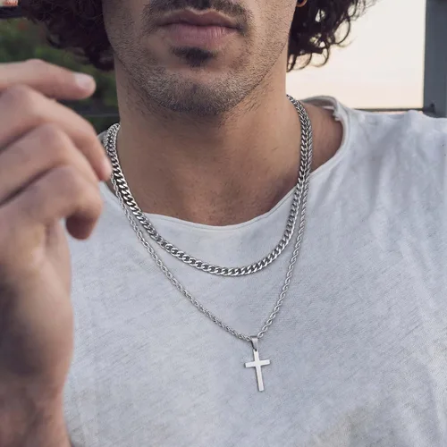 Miniatura 2 de Ursteel Layered Cross Necklace for Men - 18K Gold Silver Black Stainless Steel Mens Cross Necklaces Cross Chain, Layered Rope Chain Cross Necklace