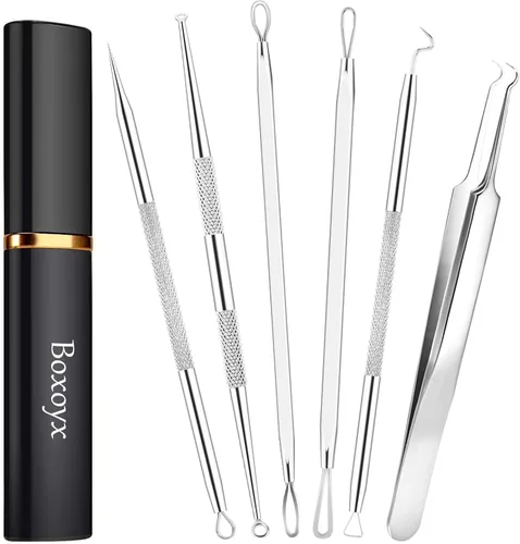 Boxoyx Kit de herramientas para reventar espinillas, kit de herramientas extractoras de comedones de 6 piezas con estuche de metal para eliminar