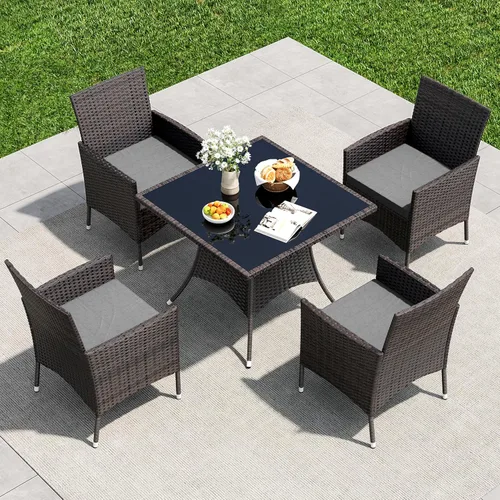 Miniatura 9 de Juego de 10 piezas de comedor para patio al aire libre, mesa de patio y sillas de ratán con agujero para paraguas, juego de mesa de comedor para 8