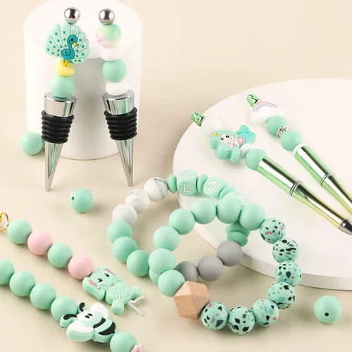 Miniatura 3 de Sunrony 70 cuentas de silicona para hacer collares, cuentas redondas de silicona a granel de 0.59 pulgadas para bolígrafos (verde menta)