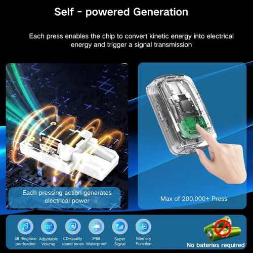 Miniatura 2 de Timbre inalámbrico autoalimentado para el hogar y la oficina, IP66 impermeable, kit de timbre enchufable sin necesidad de batería, alcance de 500