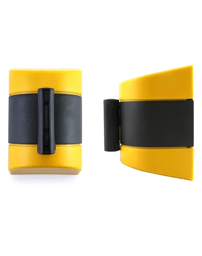 Miniatura 2 de QWORK Barrera de cinturón retráctil de montaje en pared fija, caja ABS de 16 pies, cinturón de seguridad negro y amarillo con tornillos