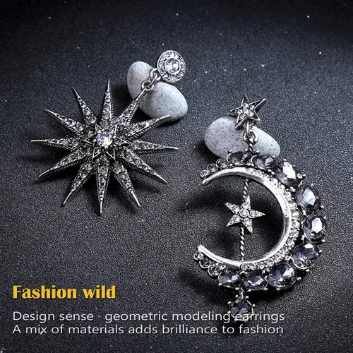Miniatura 7 de MINIDUO aretes de luna y estrella para niñas, joyas, a la moda, aretes colgantes, para mujer, aleación, Negro