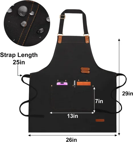 Miniatura 2 de Delantales de chef para mujeres y hombres con bolsillos (funcionales y grandes), repelente al aceite y resistente al agua, lona negra resistente