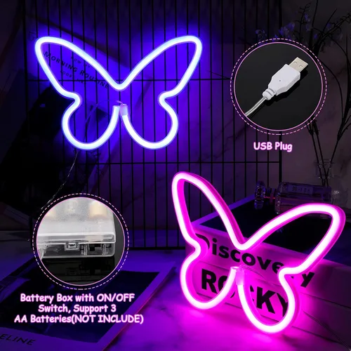 Miniatura 3 de Riakrum 2 piezas de letreros de neón de mariposa, luz LED de 3 pilas AAA, alimentado por USB, letrero de neón de pared, decoración de mariposas
