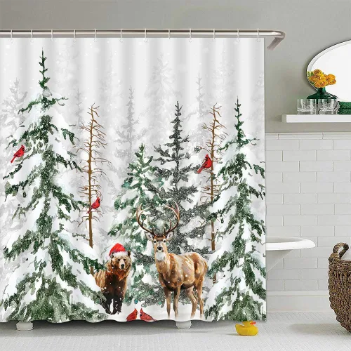 Miniatura 2 de Cortina de ducha con diseño de oso de ciervo, bosque de invierno, animales salvajes, pájaros rojos, alce, escena de nieve, pino, abeto, Navidad