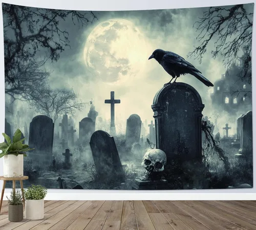 Miniatura 27 de HVEST Tapiz de Halloween de luna llena, lápida de cuervo negro, árbol muerto, tapiz para dormitorio, cementerio gris aterrador, bosque, decoración