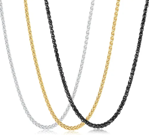 Garysiom 3 collares de cadena para hombres, cadenas de trigo de acero inoxidable de 0.157in, oro negro y plata para hombres y niños, regalo de