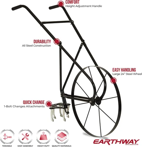 Miniatura 6 de EarthWay 6500 Cultivador de Rueda Alta Tubular con Mango Cómodo, Ajustable en 3 Posiciones, Implementos de Cambio Rápido y Rueda de Acero de 24
