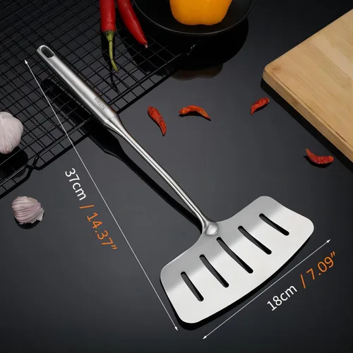 Miniatura 7 de GREATLINK Espátula de pescado de acero inoxidable 304, espátula ancha ranurada para carne con mango largo resistente al calor, girador de cocina