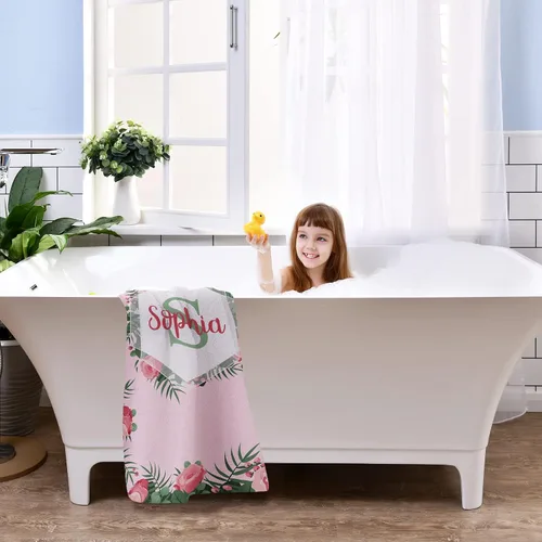 Miniatura 6 de Toallas de playa personalizadas para bebé niña con nombre para niños y adultos, toalla de baño de algodón con flores de acuarela personalizadas