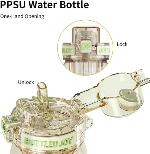 Miniatura 2 de BOTTLE JOY Botellas de agua de PPSU de 26 onzas con popote y correa, botella doble con boca para beber con succión y bebida, botella de agua Amarillo