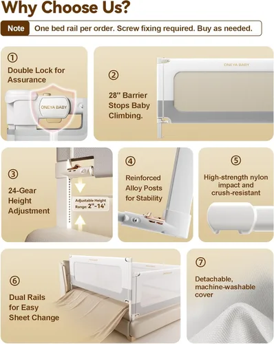 Miniatura 3 de Barandilla protectora para cama de bebé para niños pequeños, rieles reforzados de 39 pulgadas para cama individual con altura ajustable, barandilla