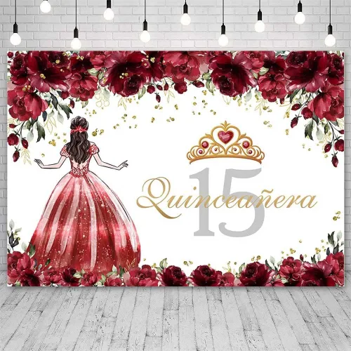 Miniatura 6 de Sendy Telón de fondo de quinceañera de 15 cumpleaños para niñas, vestido azul, corona de princesa, fondo de fotografía, flores azules y zapatos