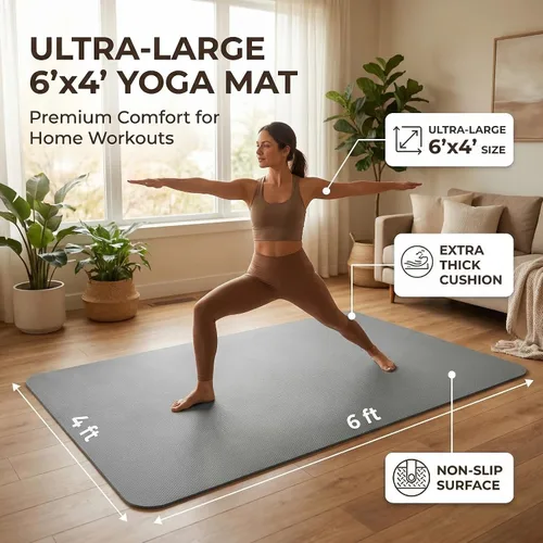 Miniatura 7 de Esterilla grande de yoga de 6'x 4' (72"x 48") — Esterilla de ejercicio extra ancha de 1/4" y 1/3" de 183cm x 122cm, gran esterilla de ejercicio