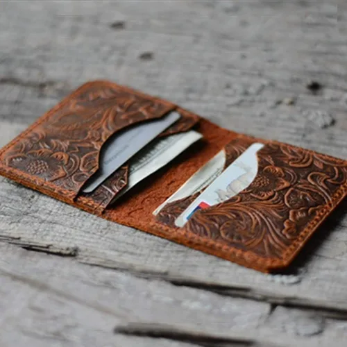Miniatura 2 de Cartera minimalista de cuero para hombre, hecha a mano, para regalo, estilo de flores marrones, estilo 2, Flor Brown2, Style2