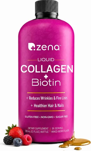 Zena Nutrition Colágeno líquido para mujeres, con biotina, suplemento para el cabello, la piel y las uñas [30 porciones] 2500 mg de péptidos de