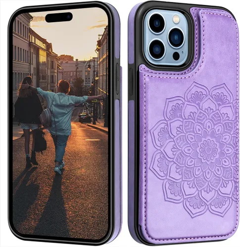 Miniatura 6 de MMHUO Funda protectora para iPhone 15 Pro Max con tarjetero y botones magnéticos de flores para mujer, color morado Púrpura