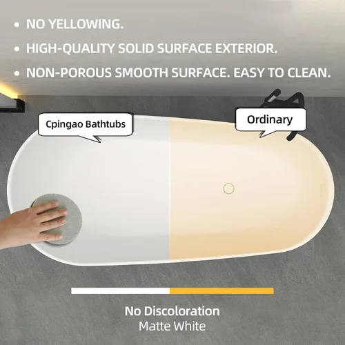 Miniatura 3 de Cpingao Stone Resin - Bañera ovalada independiente de 55 pulgadas, moderna bañera independiente con desbordamiento y drenaje desplegable, moldeado