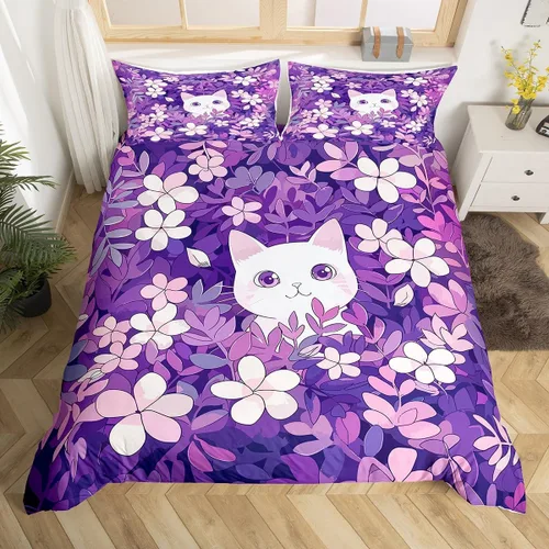 Miniatura 28 de Funda de edredón de gatos negros y blancos, juego de ropa de cama verde para niños, bonita funda de edredón de gatos para decoración de habitación