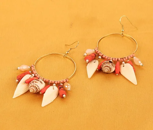 Miniatura 3 de Touchstone Fresh Bollywood Brass Wire Hoop Shell Glass Beads Hangings Designer Fashion Jewelry Earrings In Antique Gold Tone For Women.