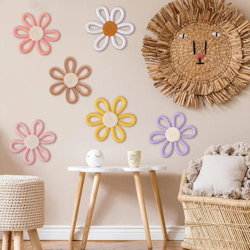 Miniatura 9 de Zeyune 6 piezas de decoración de pared de margaritas bohemias tejidas en macramé, frontones de pared bohemios, margaritas florales, decoración