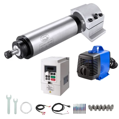 Miniatura 10 de Kits de motor de husillo CNC, 220V 3KW 3.937 in Motor de husillo refrigerado por agua Motor CNC + 220V 3.7KW VFD+montaje de abrazadera+bomba