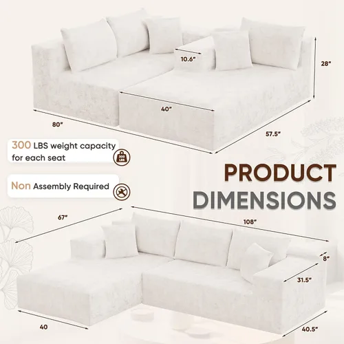 Miniatura 3 de VICTONE Sofás seccional de 108” Cloud, sofá modular sin huesos en forma de L con asiento profundo, sofás tapizados de comodidad moderna para sala