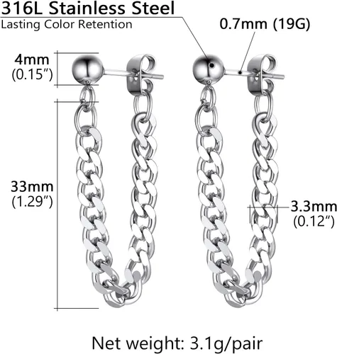 Miniatura 4 de Aretes colgantes de acero inoxidable para hombres y mujeres, chapados en oro de 18 quilates, aretes colgantes con bisagras, aretes de cadena larga