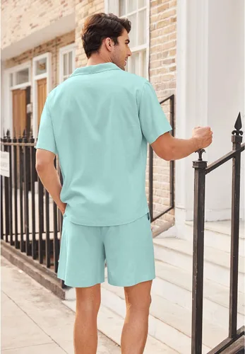 Miniatura 4 de COOFANDY Camisas de lino de manga corta con botones para hombre, conjunto corto hawaiano de playa de 2 piezas