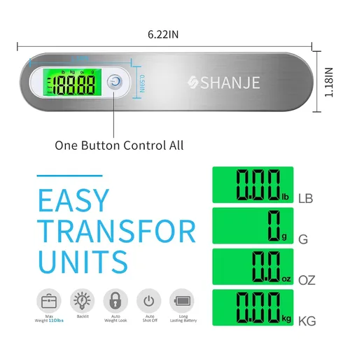 Miniatura 5 de SHANJE Báscula de equipaje de 110 libras, báscula digital de viaje de alta precisión, 110.2lbs con gancho