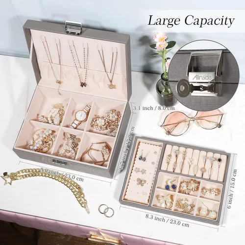 Miniatura 4 de Allinside Joyero organizador para mujeres y adolescentes y niñas, 2 capas de piel sintética con cerradura, forro de terciopelo, elección, gris