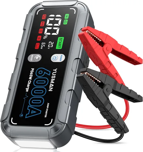 Arrancador de batería de automóvil de 6000A, cargador rápido de 65W, batería de arranque de 26800mAh (toda gasolina/12L diésel) con reforzador,