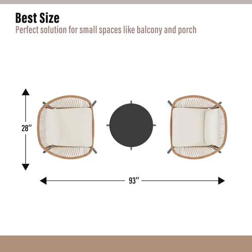 Miniatura 7 de LAUSAINT HOME Juego de 3 piezas para conversación de patio, muebles de mimbre para todo tipo de clima, con 2 sillas anchas y mesa auxiliar, perfecto