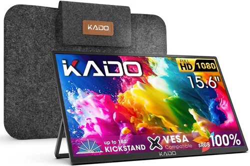 Monitor portátil Kado de 15.6 pulgadas FHD, 100% sRGB, ultradelgado, monitor para laptop 1920x1080, 1080p IPS, segunda pantalla, soporte de 180°,