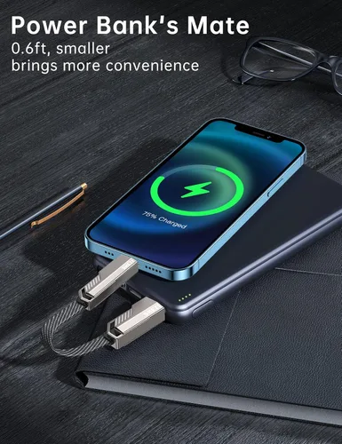 Miniatura 2 de Cable USB C ultra corto 4 en 1 de 0.6 pies compatible con cable Lightning [carga rápida y transferencia de datos] cable de carga plano trenzado