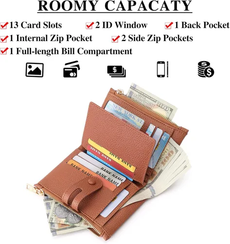 Miniatura 2 de FALAN MULE Cartera pequeña de cuero para mujer, con bloqueo RFID, tarjetero plegable con bolsillos dobles con cremallera, Marrón claro