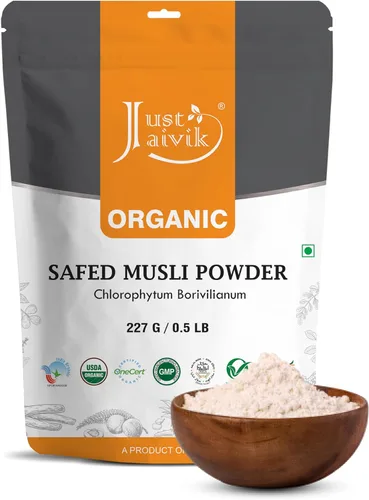 Polvo Musli 100% orgánico seguro – Chlorphytum Borivillianum 227 GMS / 1/2 libra / 08 onzas – Procesado en instalaciones registradas por la FDA (un
