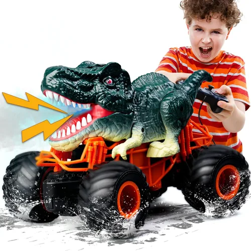 Miniatura 10 de Coche de control remoto de dinosaurio, juguetes de camión monstruo mega RC de 2.4GHz para niños pequeños, juguetes de dinosaurio con luz, sonido