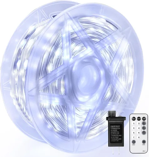 OGORI Tira de luces de Navidad de 200 pies con 800 luces LED para exteriores, color blanco frío, 8 modos de control remoto y temporizador, luces