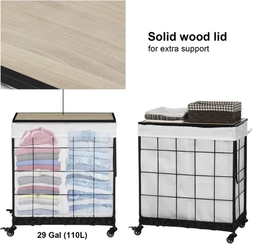 Miniatura 4 de Cesta de lavandería duradera con bolsa interior extraíble, ruedas resistentes, tapa de madera y asa de metal - Clasificador de ropa y canasta
