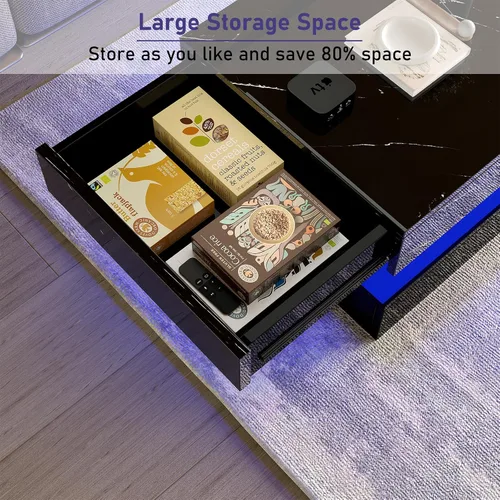 Miniatura 4 de HOMFAMILIA - Mesa de café LED con 2 cajones de almacenamiento, mesa de café moderna de alto brillo en negro con luces LED de 20 colores, mesa