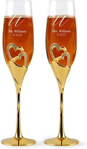Miniatura 13 de Flautas de champán de diseño único para la novia y el novio, flautas de champán personalizadas de la decoración del corazón, juegos de tazas
