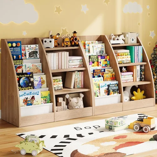 Miniatura 17 de Estantería para niños de 4 niveles, estante de 4 capas para habitaciones de niños, estantería de madera XXL para niños, estante de almacenamiento
