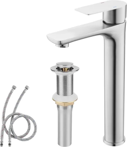 TONNY Grifo de lavabo de baño de níquel cepillado, grifo de baño alto de acero inoxidable para fregadero de buque de un agujero, grifo de tocador de