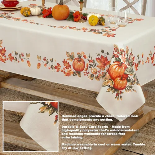 Miniatura 3 de Lintex Mantel de tela de cosecha de otoño de Thanksgiving Traditions, cuadrado de 52 x 52 pulgadas, parche de calabaza y borde de hojas de otoño
